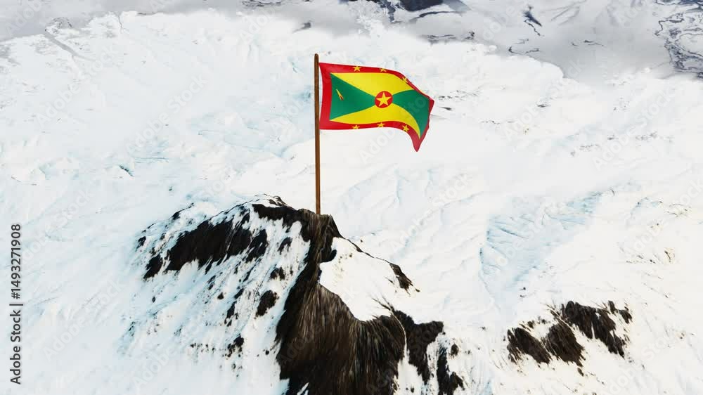 Dynamic 3D animation of the Grenada flag featuring its red border with yellow stars, green and yellow diagonal cross, and central nutmeg emblem, waving majestically on a snowy mountain summit.

