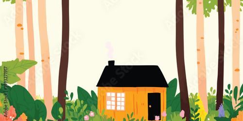 A charming illustration of a quaint wooden cabin, nestled within a lush forest setting, its inviting chimney exhaling gentle wisps.