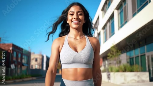 Smiling young Latina woman in fitness outfit walking through city street, healthy lifestyle and urban wellness concept
