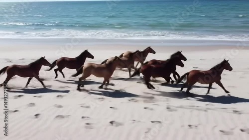 Wild horses running fast across open terrain, dynamic galloping herd in natural landscape
