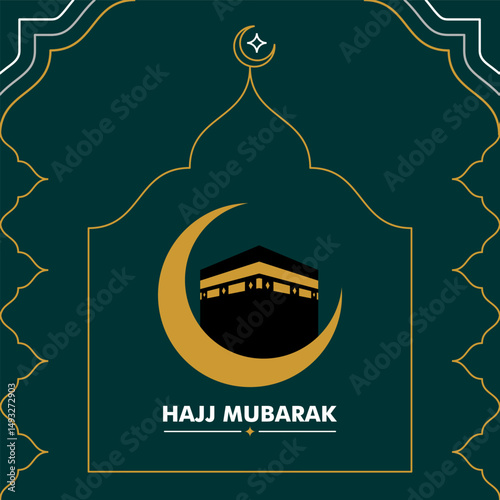 Hajj mubarak greeting on elegant dark green background, hajj mabroor greeting with kaaba and golden crescent moon, line art style mosque