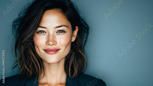 Confident Young Asian Businesswoman Holding Tablet Against Gradient Background – Professional Corporate Portrait for Technology, Business, and Modern Marketing Use
