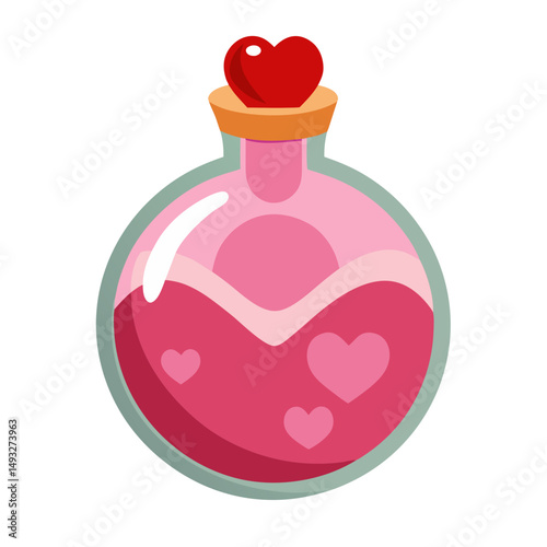 a pink love potion bottle with a cork stopper topped with a red heart.