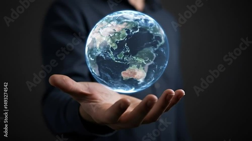Rotating Earth held by human hand with glowing energy and futuristic elements, global technology and sustainability concept
