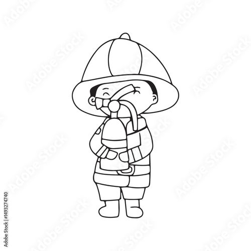 Line handrwan black and white coloring book. Kids wearing fire fighter doodles element