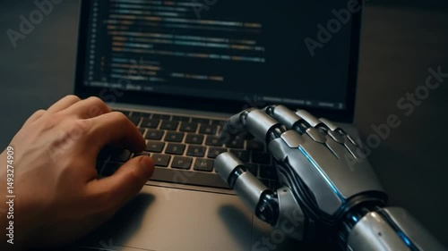 Typing on a computer with one human hand and one robotic prosthetic hand, inclusive technology for people with disabilities
