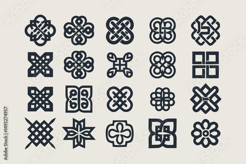 Celtic and Tribal Knot Symbols Vector Set. Black Thick-Line Ornaments with Loops, Crosses, Floral and Geometric Motifs Vector Illustration.