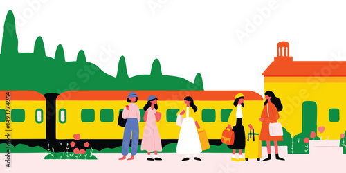 A vibrant illustration captures a group of travelers at a train station, eagerly anticipating their journey, set against a backdrop of colorful buildings and passing train.