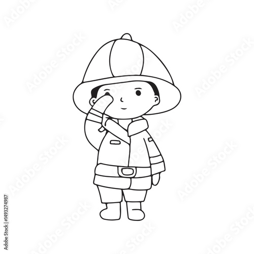 Line handrwan black and white coloring book. Kids wearing fire fighter doodles element