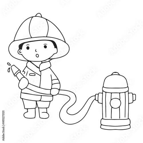 Line handrwan black and white coloring book. Kids wearing fire fighter doodles element