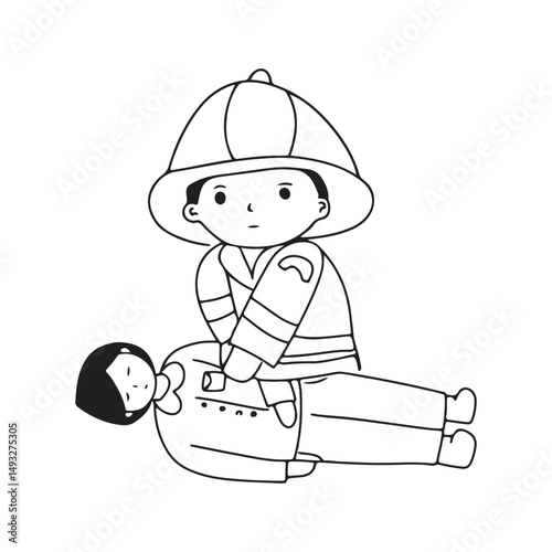 Line handrwan black and white coloring book. Kids wearing fire fighter doodles element