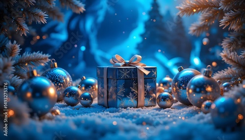 Gift amidst glistening blue holiday ornaments
