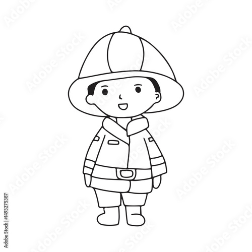 Line handrwan black and white coloring book. Kids wearing fire fighter doodles element