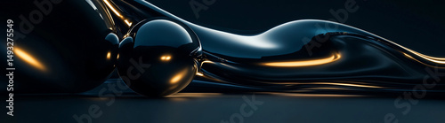 Sleek black abstract shapes create an intriguing composition on a dark surface, highlighting curves and reflections with soft lighting in a contemporary setting