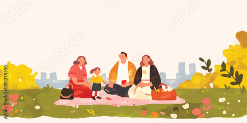An artistic illustration captures a tender moment of a family enjoying a picnic in a park. Soft colors and stylized figures evoke warmth, unity, and the simple joys of familial togetherness.