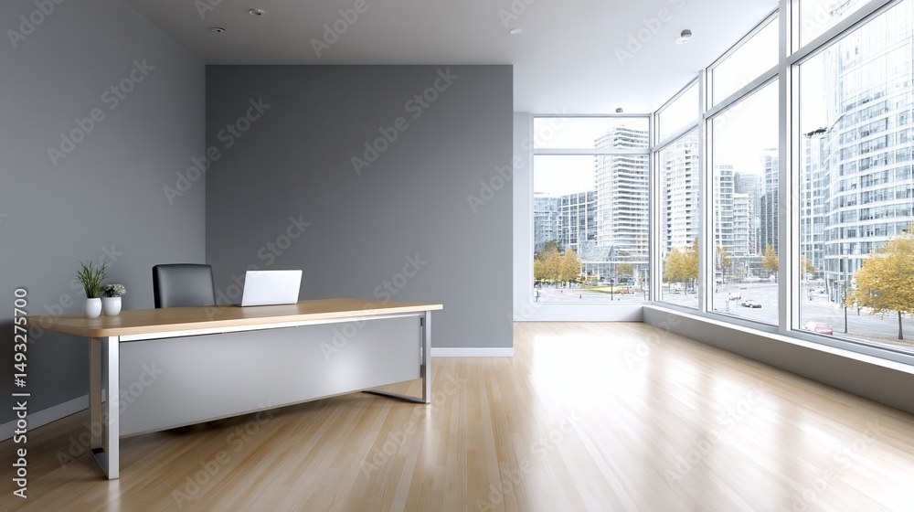 Fototapeta premium Modern office interior with desk, chairs, plants, and a city view through large windows