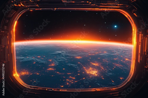 View of planet earth window from space station 3D. fantastic image