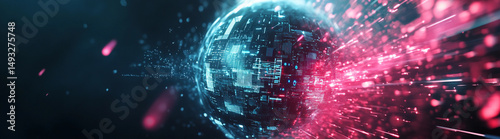 Dynamic visualization of a futuristic digital sphere emitting vibrant lights in a dark space environment