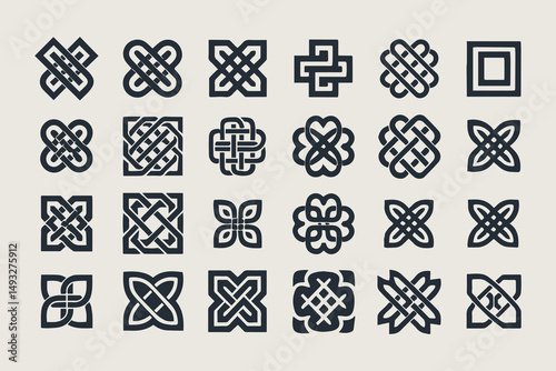 Celtic and Tribal Knot Symbols Vector Set. Black Thick-Line Ornaments with Loops, Crosses, Floral and Geometric Motifs Vector Illustration.