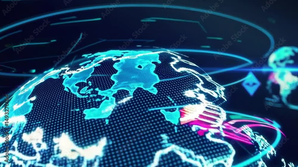 Global Communication Network with Blockchain Crypto Logos Highlighting the Impact of Web 30 on Business and Finance
