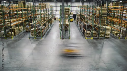 Timelapse of forklift operating inside warehouse storage facility with busy logistics activity