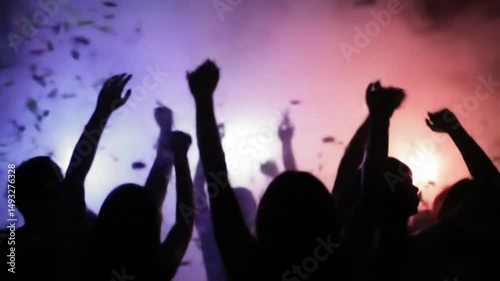 Excited crowd enjoying live music concert with colorful lights and smoke effects