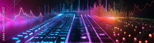 Colorful digital keyboard with vibrant soundwave graphics representing music and technology in a modern, futuristic setting