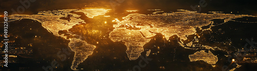 Global night view highlighting city lights and infrastructure across continents, showcasing human impact on the Earth’s surface