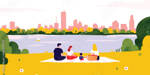 A family enjoys a leisurely picnic by a tranquil lake, the cityscape providing a serene backdrop to their quality time. Capturing a perfect moment of togetherness, surrounded by lush nature.