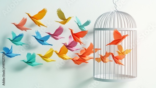 An illustration of colorful paper birds flying from a broken cage, symbolizing freedom from past trauma