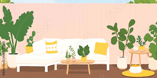 A vibrant outdoor patio space is lush with greenery and comfortable furniture, this space is designed for relaxation and enjoyment, creating a calming ambiance.