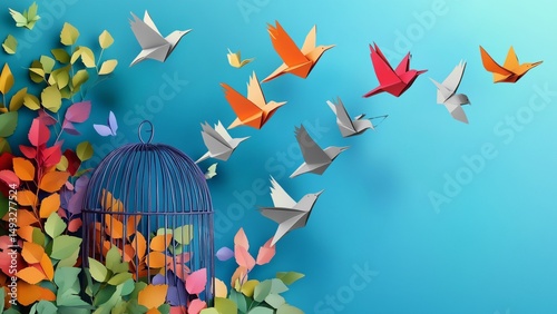 An illustration of colorful paper birds flying from a broken cage, symbolizing freedom from past trauma