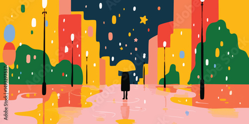A whimsical illustration depicts a solitary figure standing beneath an umbrella amidst a colorful, abstracted cityscape on a rainy day. The scene is rendered in a charming, graphic style.