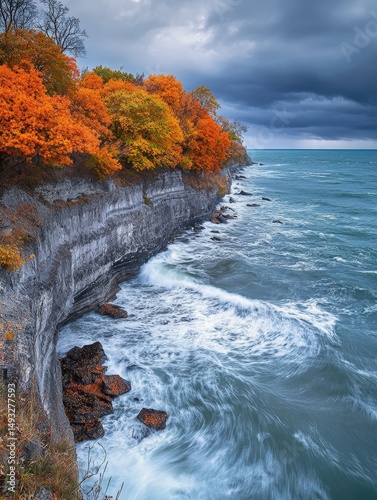 Scenic view of autumn foliage along a rocky coastline with turbulent waves and cloudy skies