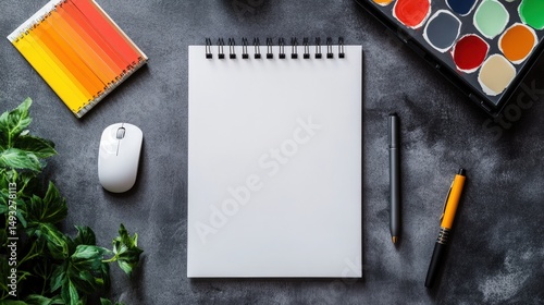 Blank sketchpad surrounded by art supplies, a mouse, and greenery on a textured surface