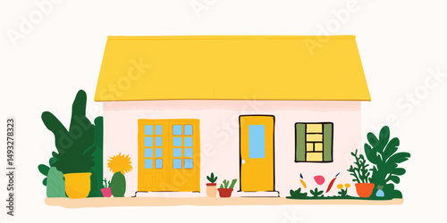 A cheerful, animated illustration of a charming house. It is bathed in sunlight, complemented by lush greenery and plants.