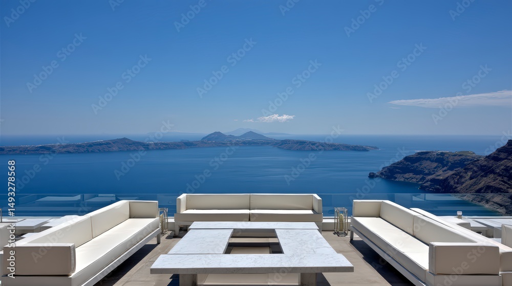 Fototapeta premium Minimalist White Terrace with Panoramic Sea View