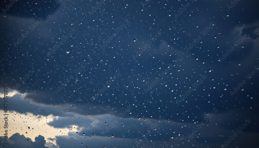 Naklejka premium rain droplets in motion against a dark sky background, copy space at the bottom.