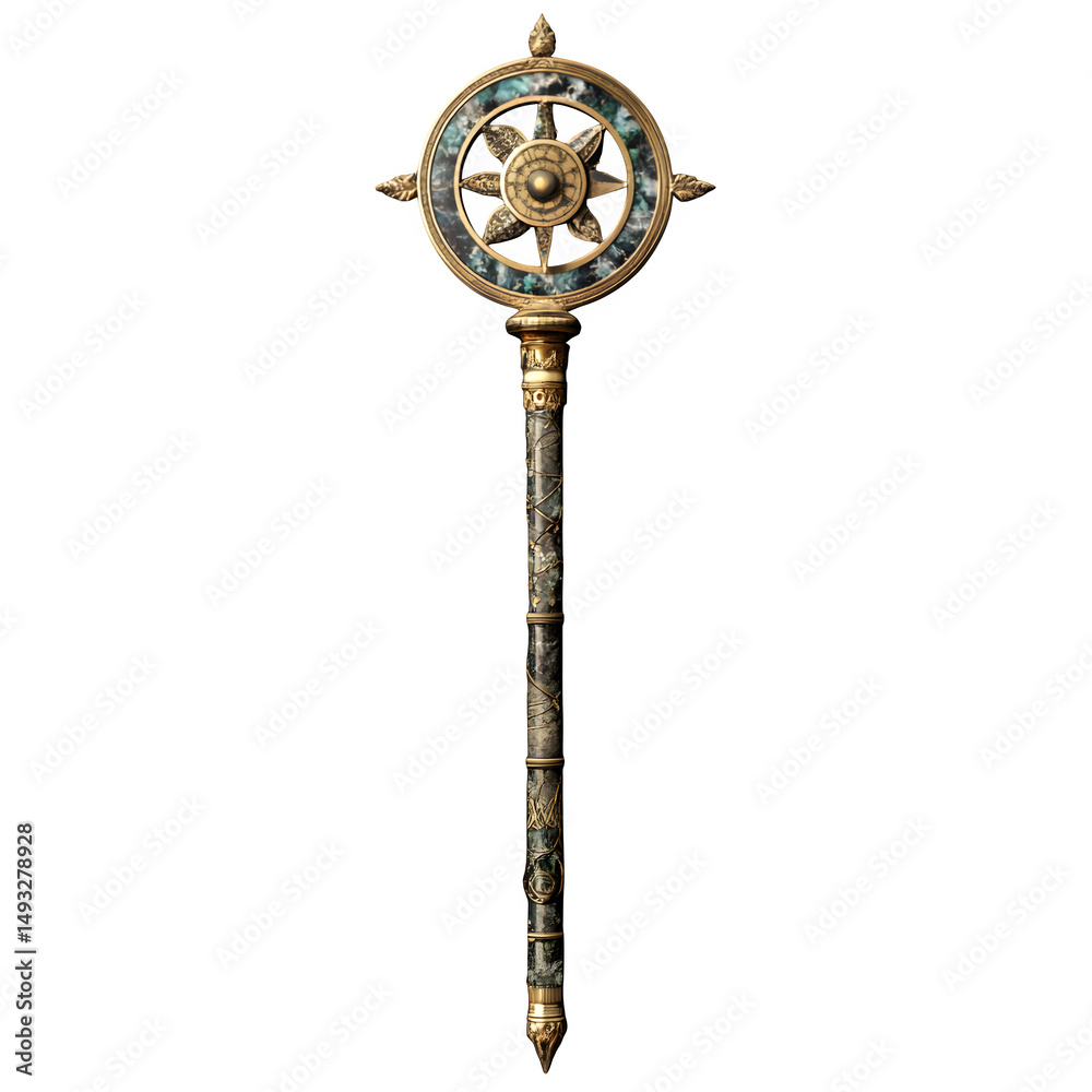 Obraz premium A levitating staff with zodiac ring spinning around top, astrology wand, isolated on transparent background 