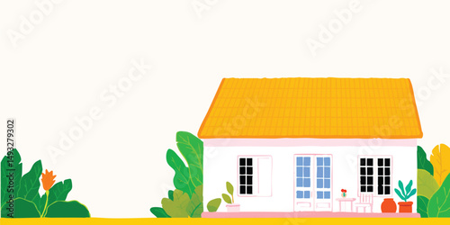A charming illustration depicts a quaint house nestled amidst vibrant greenery and a sunny backdrop. This idyllic scene evokes a sense of peace and home.