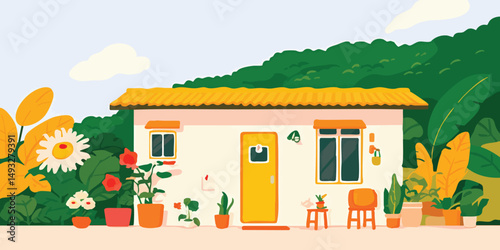 A charming illustration of a quaint house nestled in a vibrant landscape, inviting serenity and connection with nature. Featuring a detailed scene of a sunny day.