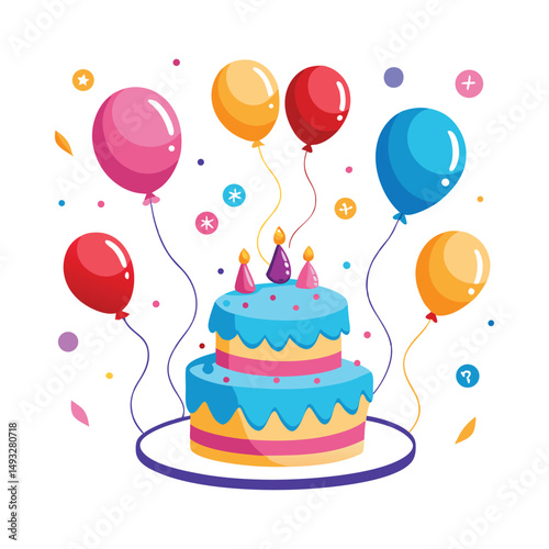 Festive birthday cake with balloons and candles
