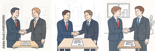 Collection of two men shaking hands in a business meeting (wearing suits and ties) vector flat design style