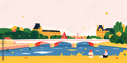 An Illustrated scene of a serene bridge gracefully spanning a river, framed by the iconic architecture of a city, offering a glimpse of the people leisurely enjoying the day. 
