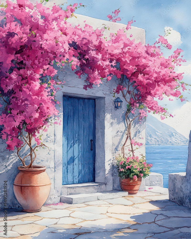 Fototapeta premium Sunny Mediterranean courtyard, bright bougainvillea, blue door, terracotta pots.