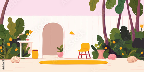 A vibrant, artful interior with lush greenery, exuding a sense of tranquility and design. A curated space of tranquility where the beauty of nature seamlessly merges with elements of modern design.