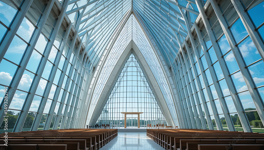 Obraz premium Modern Glass Church with Sky Reflection and Natural Light Flooding Interior, Bright and Inspirational