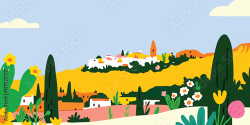 A vibrant digital illustration showcasing a charming village nestled in a sun-drenched hillside, brimming with Mediterranean architectural details and an abundance of lively floral arrangements.