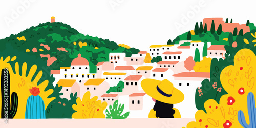 A vibrant, illustrated view of a charming Mediterranean town nestled amidst lush greenery. This artwork embodies the essence of travel, exploration, and the beauty of a peaceful escape.