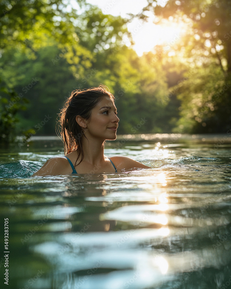 Fototapeta premium Woman enjoying a peaceful swim in a serene river surrounded by lush greenery during sunset